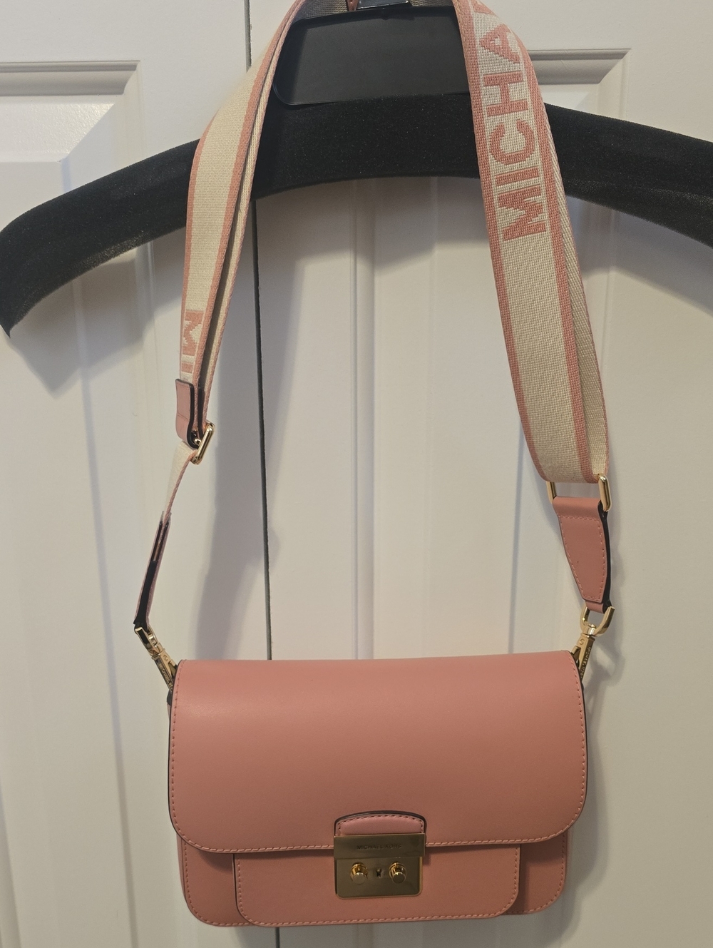 Michael Kors Blush Pink Leather Crossbody with Branded Canvas Strap